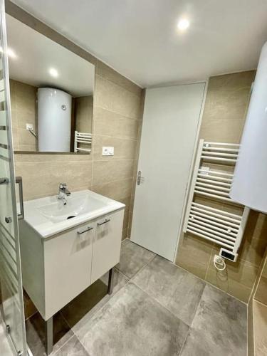 une salle de bain avec un lavabo blanc et un miroir dans l'établissement Apt 5 Dammartin, à Dammartin-en-Goële