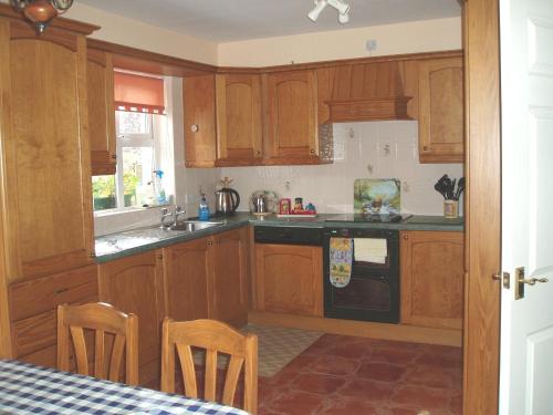 a kitchen with wooden cabinets and a stove top oven at The Jays in Bryansford