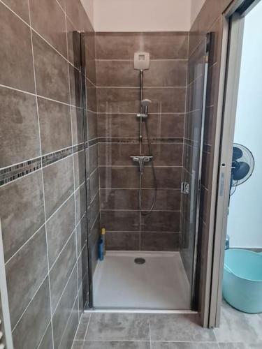 a bathroom with a shower with a glass door at Superbe T2 duplex vue sur les montagnes in Chorges