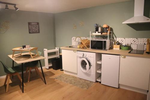 une cuisine avec un lave-linge et un comptoir dans l'établissement Tout faire à pied - Centre historique piétonnier, à Thonon-les-Bains