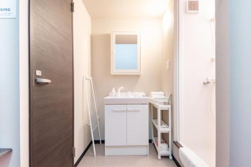 a bathroom with a sink and a mirror at LOCO Minamiichi in Nara