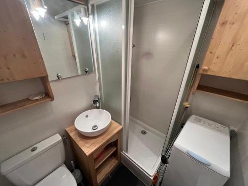 une petite salle de bain avec toilettes et lavabo dans l'établissement Appartement au cœur d'Avoriaz pour 4 pers, 22 m² - Village du Festival - FR-1-633-81, à Morzine