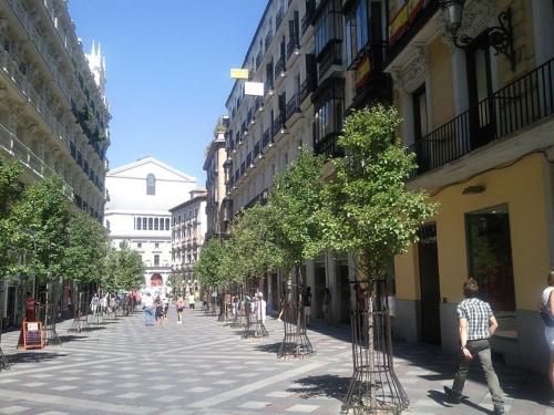 eine Stadtstraße mit Bäumen und Menschen, die sie hinuntergehen in der Unterkunft AsAtHome Arenal Apartment in Madrid