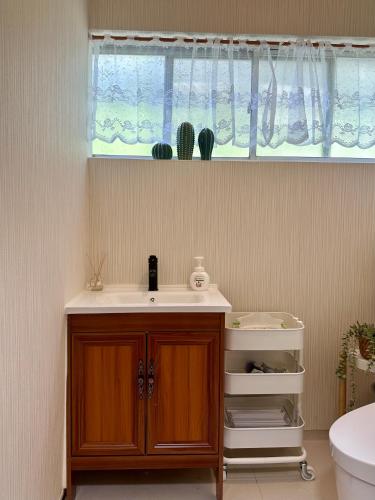 a bathroom with a sink and a window at 雪场缆车站旁-汤泽雪の宿-Ski IN Ski OUT-全新装修 in Seki