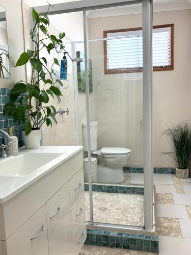 a bathroom with a shower with a toilet and a sink at SHELLHARBOUR BEACH COTTAGE - Stroll to Beach flags - Back gate straight to Beach, Front gate walk to new Marina in Shellharbour