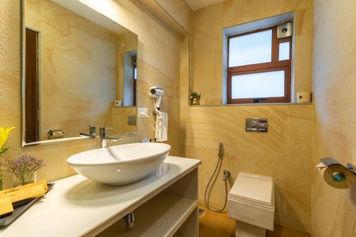 a bathroom with a white bowl sink on a counter at ELIVAAS 3 BHK Pool & Bar - Villa Judiline in Goa