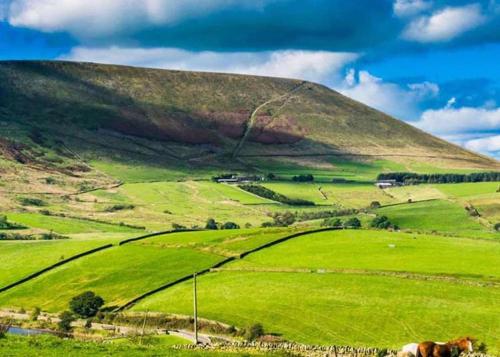 a green field with a hill in the background at Beacon View Lodge in Lancashire in Longridge