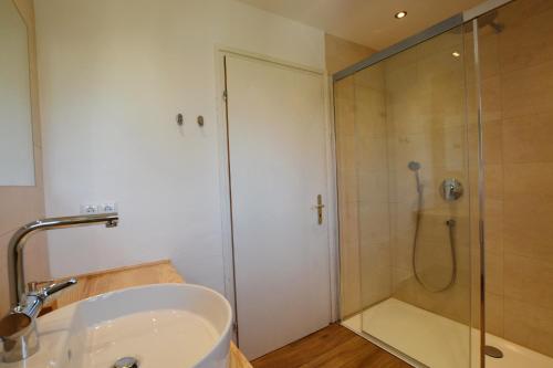 a bathroom with a shower and a sink at Möderlhof in Eggstätt
