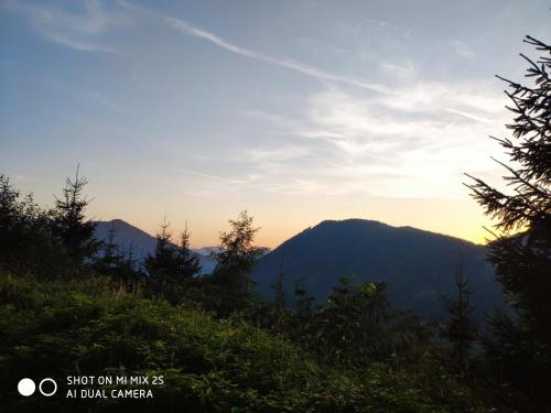 a view of a mountain with the sunset in the background at Buttermilchalm in Sankt Martin am Tennengebirge