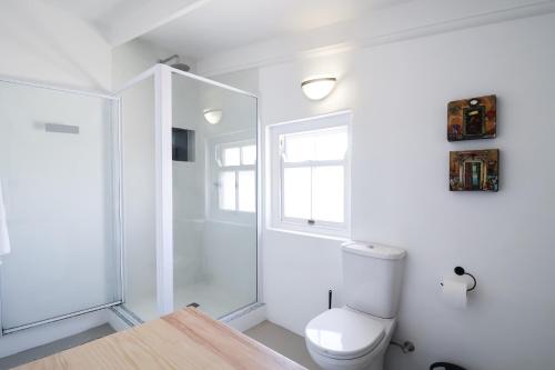 a white bathroom with a toilet and a window at Dreamcatcher Lavender in Paternoster