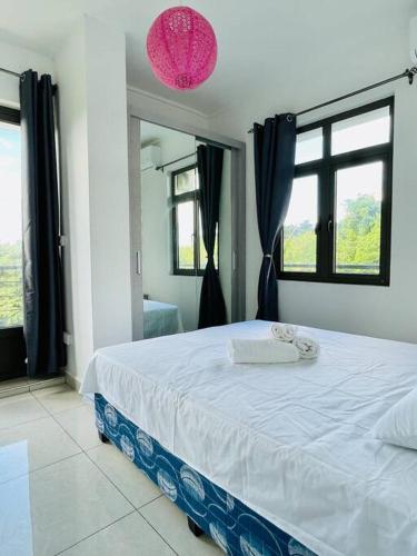 a bedroom with a large bed in a room with windows at Cozy 2-Bedroom Apt, 10mins Walk to Beach - GBHC3 in The Vale