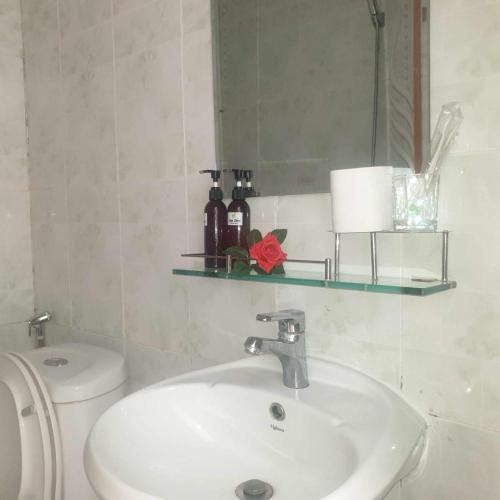 a bathroom with a sink and a toilet and a mirror at Cua Dai Beach Homestay in Hoi An
