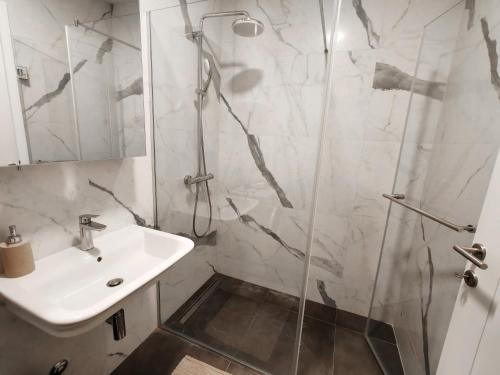 a bathroom with a shower and a sink at TRE Apartments in Becici