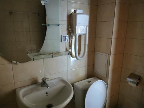 a bathroom with a sink and a toilet and a mirror at ICEBERG Ski Apartment No19 in Pamporovo