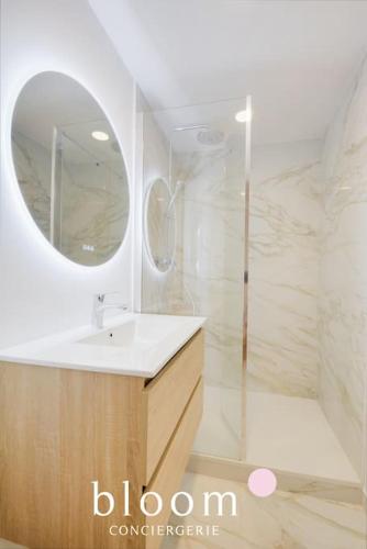 une salle de bain avec un lavabo et une douche avec un miroir dans l'établissement Nancy Centre Appartement entièrement rénové, à Nancy