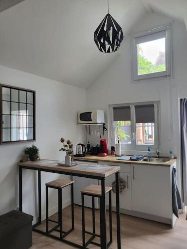 une cuisine avec une table et des chaises dans une pièce dans l'établissement Agréable studio avec cour à 10mn de Fontainebleau, à Héricy