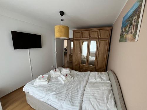 a bedroom with a bed with white sheets and a television at Apartament Świętoszów 2 in Świętoszów