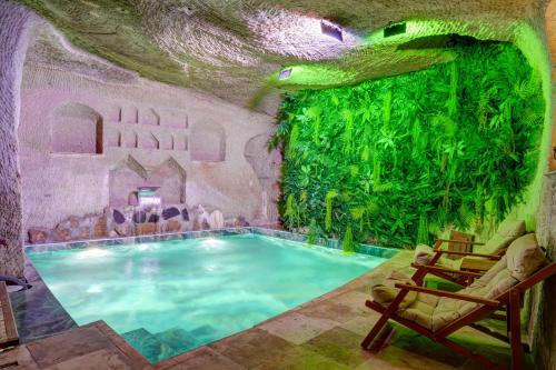 ネヴシェヒルにあるAşk-ı Nare Cave Hotel - Swimming Pool & SPAの洞窟内のスイミングプール(壁に恐竜あり)