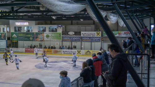 a group of people watching a hockey game in a building at Blaues Haus Ferienwohnung Bodensdorf Ossiacher See Gerlitzen Alpe in Bodensdorf