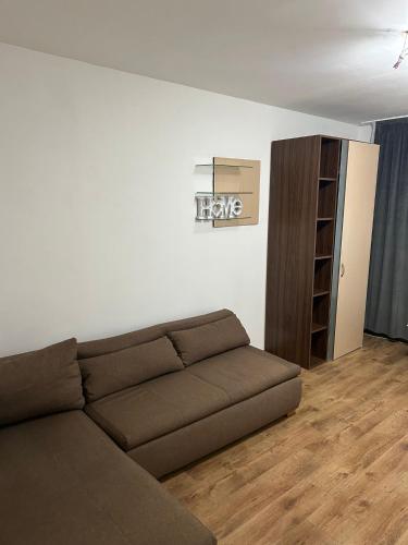 a living room with a couch and a book shelf at Garsonieră Băile Felix in Sînmartin