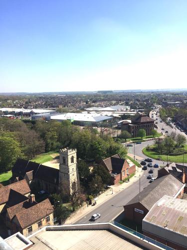 an aerial view of a small town with a street at Penthouse - 2 Bed - 2 Bath - Free Parking in Bedford