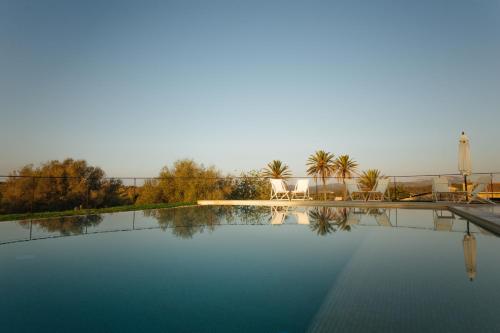 a swimming pool with blue water and palm trees at Finca Son Oms in Porreres