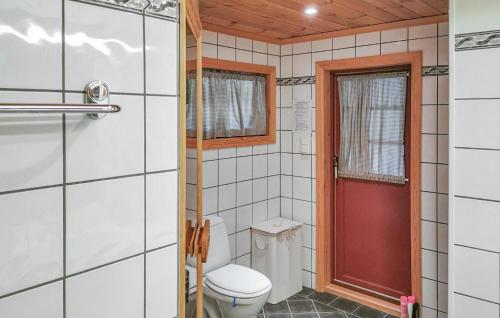 a bathroom with a toilet and a red door at Stunning Home In Rjukan With Sauna in Rjukan