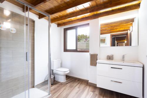 Un baño con inodoro y ducha de cristal. en Home2Book Fantasy Villa & Nature, Private Pool, en San Miguel de Abona