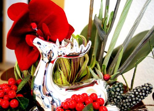 a vase with a red flower and some berries at Sport Garni Kapplerhof – Ischgl/Kappl in Kappl
