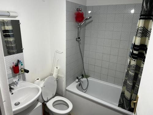 une petite salle de bain avec toilettes et lavabo dans l'établissement Appartement proche Bordeaux et Aéroport, à Mérignac