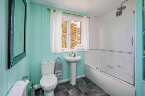 a blue bathroom with a toilet and a sink at Shellharbour in Seaview