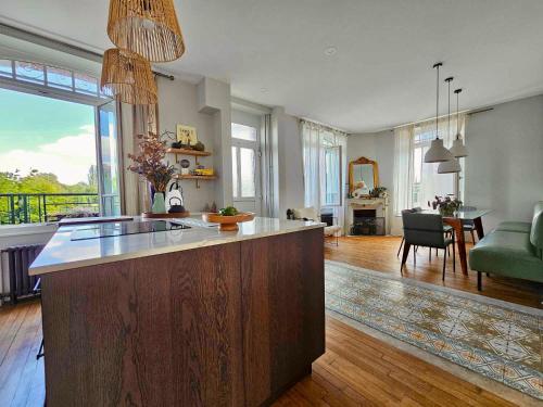 - une cuisine avec une grande île dans le salon dans l'établissement Grande maison de charme avec jardin, à Reims