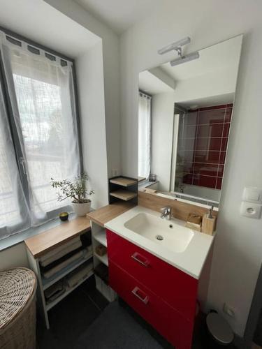 La salle de bains est pourvue d'un lavabo rouge et d'un miroir. dans l'établissement Appartement en duplex avec terrasse, à Saint-Étienne
