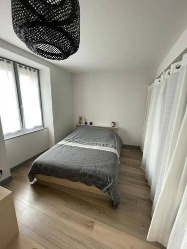 une chambre avec un lit dans une pièce avec des fenêtres dans l'établissement Appartement en duplex avec terrasse, à Saint-Étienne