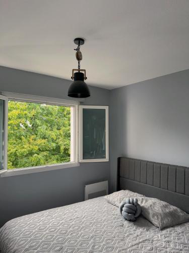 une chambre avec un lit avec une grande fenêtre dans l'établissement Appartement en résidence - PAU, à Pau