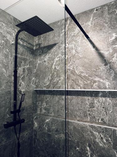 une douche avec une porte vitrée dans une salle de bain dans l'établissement Appartement en résidence - PAU, à Pau