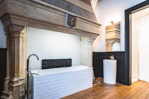 une baignoire dans une pièce avec cheminée dans l'établissement Fire, Appartement vue Cathédrale, à Reims