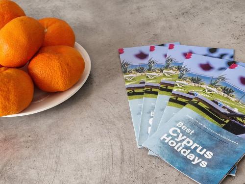 a plate of oranges on a table next to a book at Tropical Paradise 200m From Finikoudes Beach in Larnaka