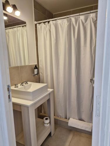 サンフアンにあるDepto Alem y Central RFの洗面台とシャワーカーテン付きのバスルーム