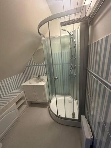 une salle de bain avec une douche en verre et un lavabo dans l'établissement L'écrin Marin - Face Mer - Wimereux, à Wimereux