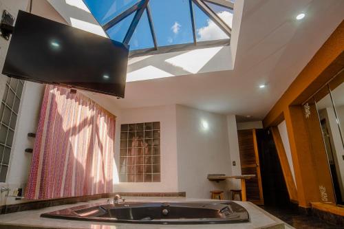 a bathroom with a large sink and a skylight at Hotel Espor CA in Barinas
