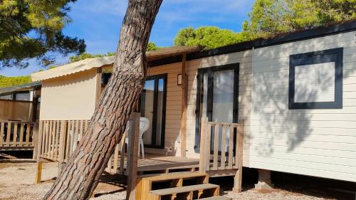 une petite maison avec un grand arbre dans l'établissement Camping La Bergerie Plage, à Hyères
