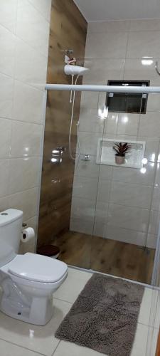 a bathroom with a toilet and a glass shower at Pousada Filhos da Canastra in Vargem Bonita