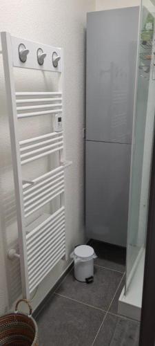 La salle de bains est pourvue d'un réfrigérateur blanc et de toilettes. dans l'établissement Les Balcons du Soleil - idéal Curistes - classé 3 étoiles, à Saint-Paul-lès-Dax