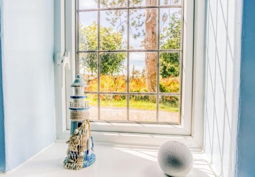 Tyn Llain B&B في Llanfflewyn: نافذة في غرفة بها كرتان على منضدة