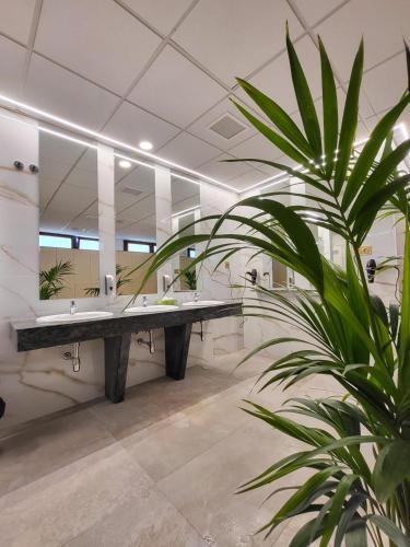 a bathroom with two sinks and a large mirror at Hotel Boutique Mirasierra in Villacañas