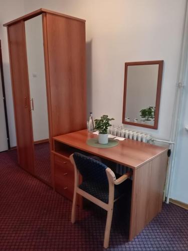 a wooden desk with a chair and a mirror at Hotel Vlasina - Vlasinsko jezero in Lujinska Mala