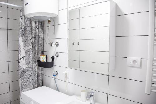 a white bathroom with a sink and a mirror at Apartment Lea in Belgrade