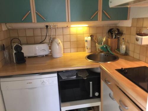 a kitchen counter with a sink and a microwave at A 5 étage des pistes !!! Le corbier in Le Corbier