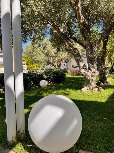 a white toilet sitting in the grass near a tree at Villa Aurea in Ispica